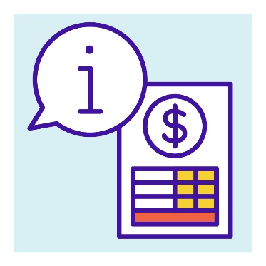 A speech bubble showing an information icon, and a document showing a dollar sign and a table of information.
