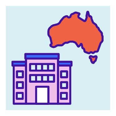 An office building below a map of Australia.