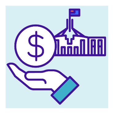 The Australian Government building. Below it is a hand holding a dollar sign.