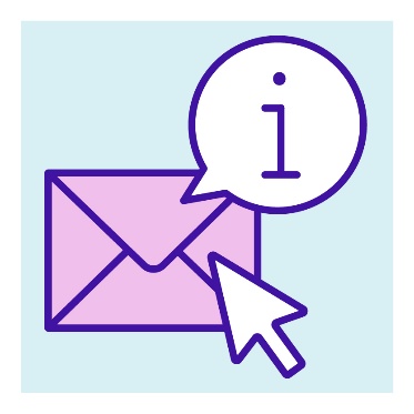 A computer pointer over an envelope and a speech bubble with an information icon.