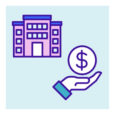 An office building and a hand holding a dollar sign.