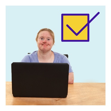 A smiling person using a computer. Next to them is a check box with a tick in it.