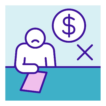 A person at a desk with paper on it. They are frowning and have their head down. Next to them is a dollar sign with a cross beside it.