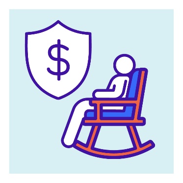 A shield with a dollar sign next to a person sitting on a rocking chair.