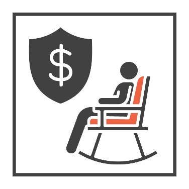A person in a rocking chair. A money icon inside a shield is next to them.